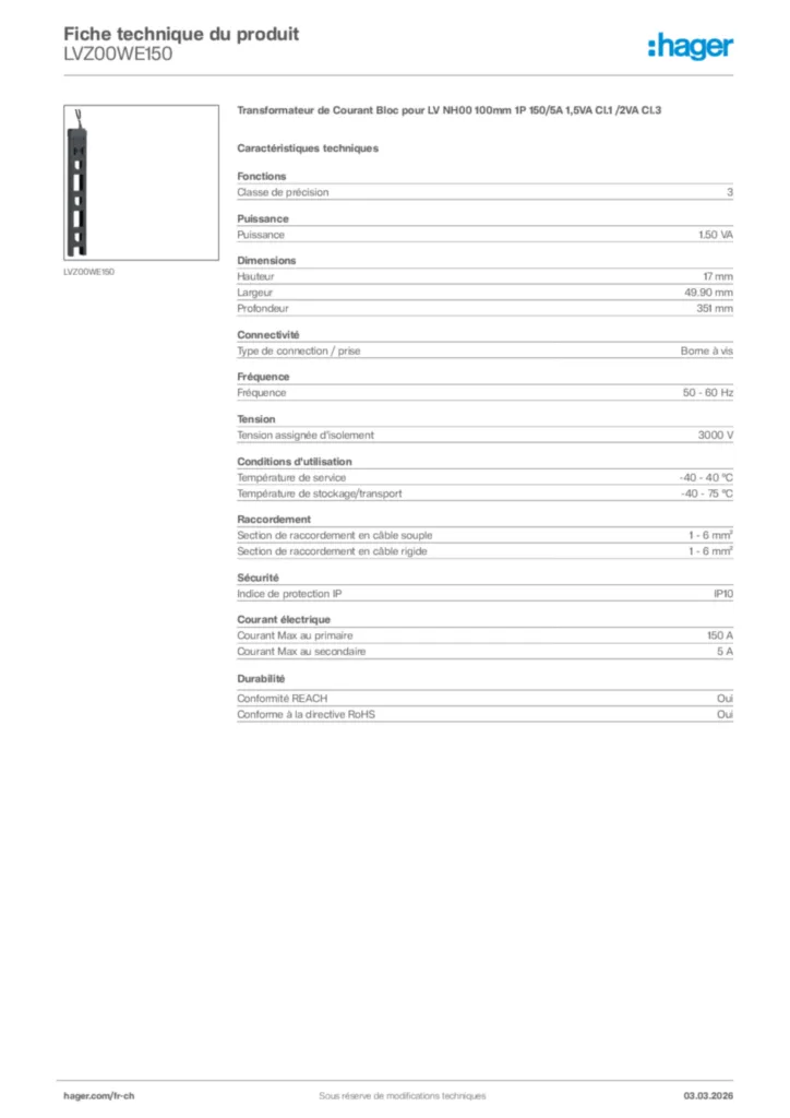 Image Hager Fiche technique du produit LVZ00WE150 | Hager Suisse