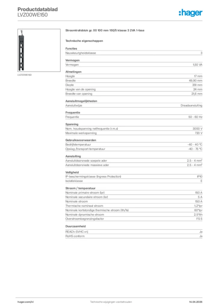 Afbeelding Hager Productdatablad LVZ00WE150 | Hager Nederland