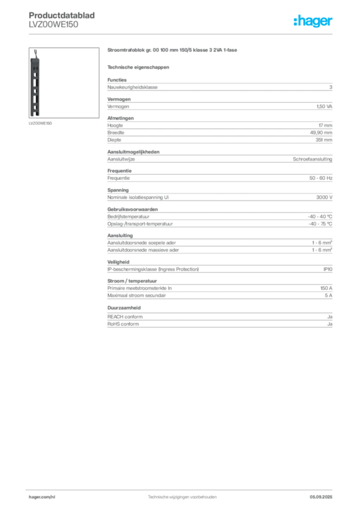 Afbeelding Hager Productdatablad LVZ00WE150 | Hager Nederland