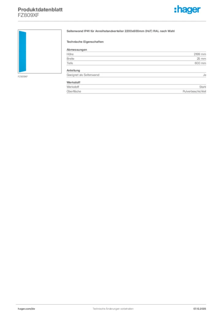 Bild Hager Produktdatenblatt FZ809XF | Hager Deutschland