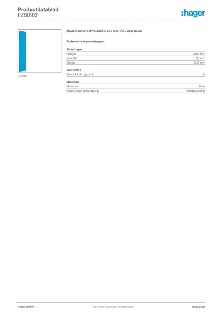 Afbeelding Hager Productdatablad FZ809XF | Hager Nederland