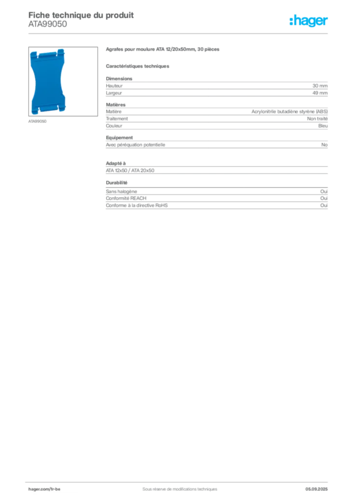 Image Hager Fiche technique du produit ATA99050 | Hager Belgique