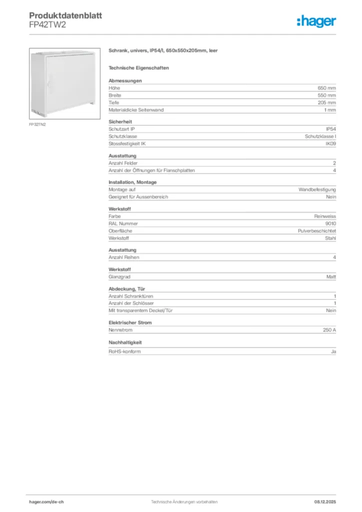 Bild Hager Produktdatenblatt FP42TW2 | Hager Schweiz