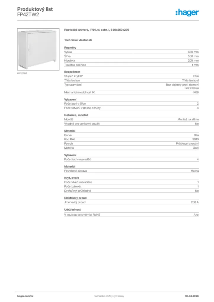 Obrázek Hager Product data sheet FP42TW2 | Hager
