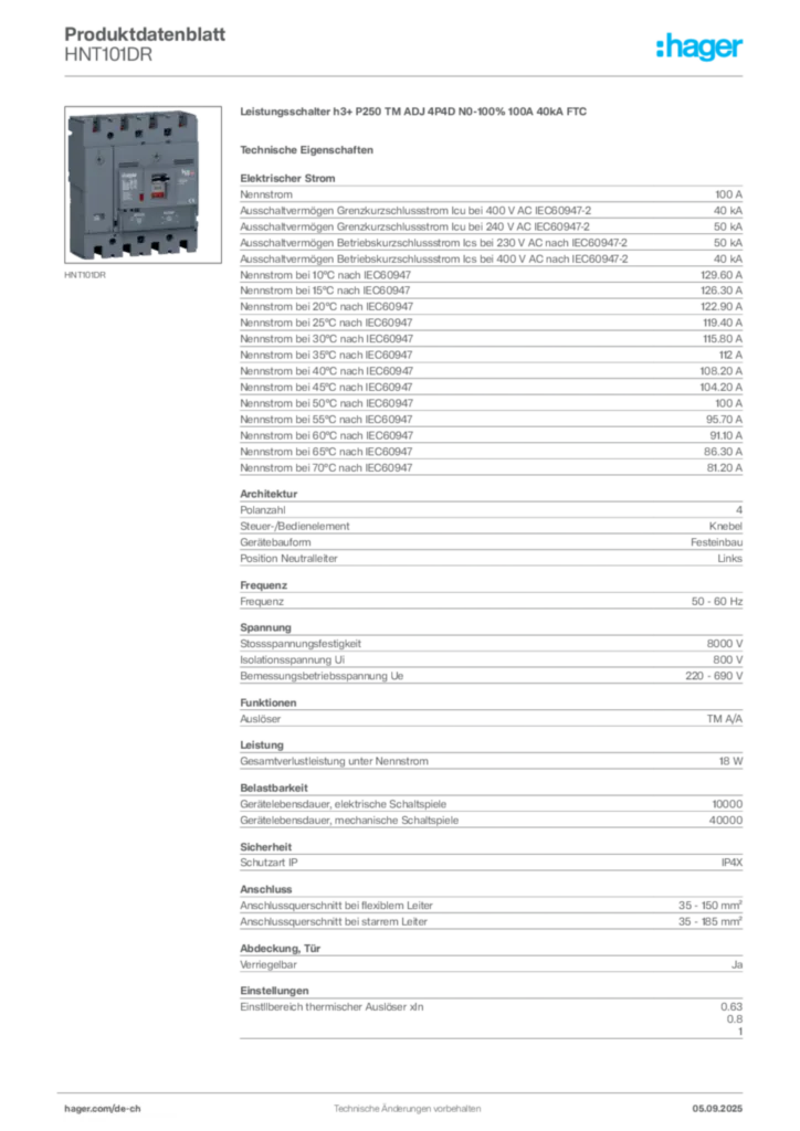Bild Hager Produktdatenblatt HNT101DR | Hager Schweiz