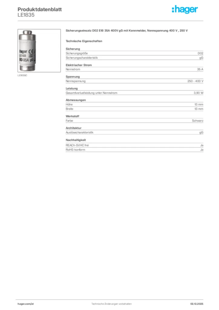 Bild Hager Produktdatenblatt LE1835 | Hager Deutschland