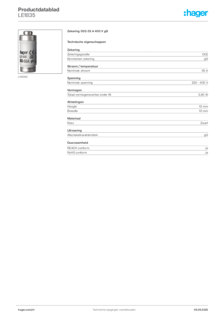 Afbeelding Hager Productdatablad LE1835 | Hager Nederland