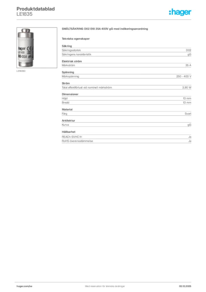 Bild Hager Produktdatablad LE1835 | Hager Sverige