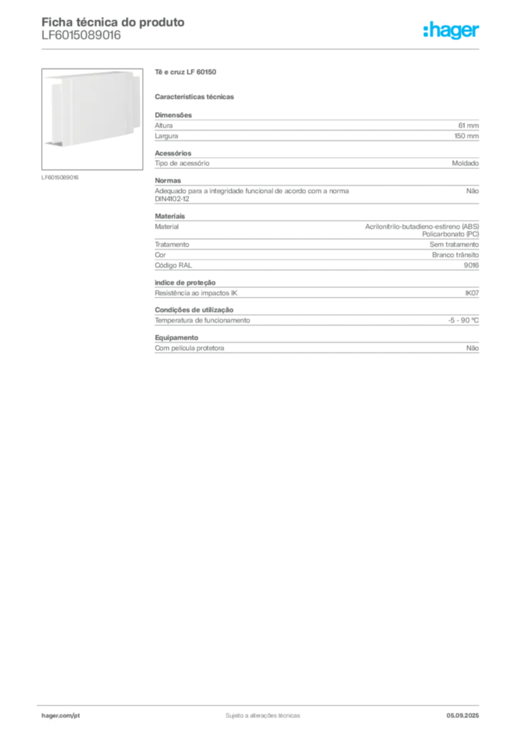Imagem Hager Ficha técnica do produto LF6015089016 | Hager Portugal