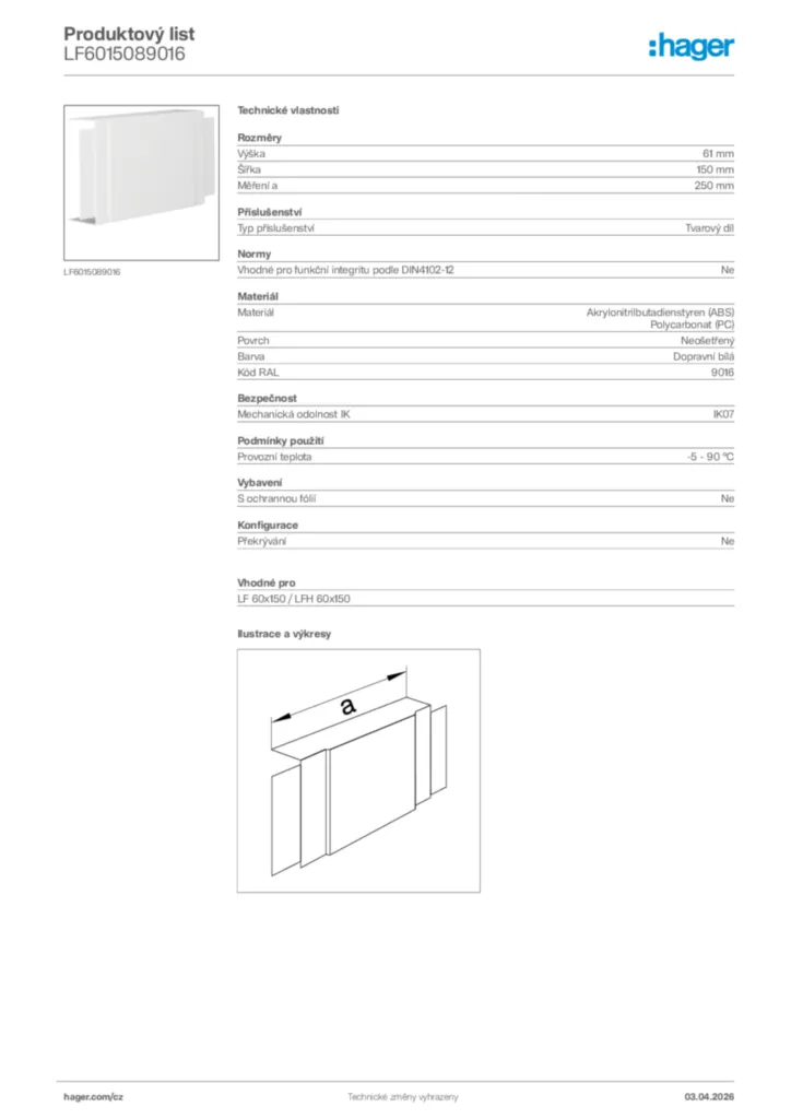 Obrázek Hager Product data sheet LF6015089016 | Hager