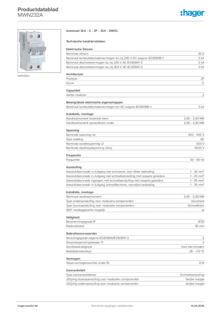 Afbeelding Hager Productdatablad MWN232A | Hager Belgium
