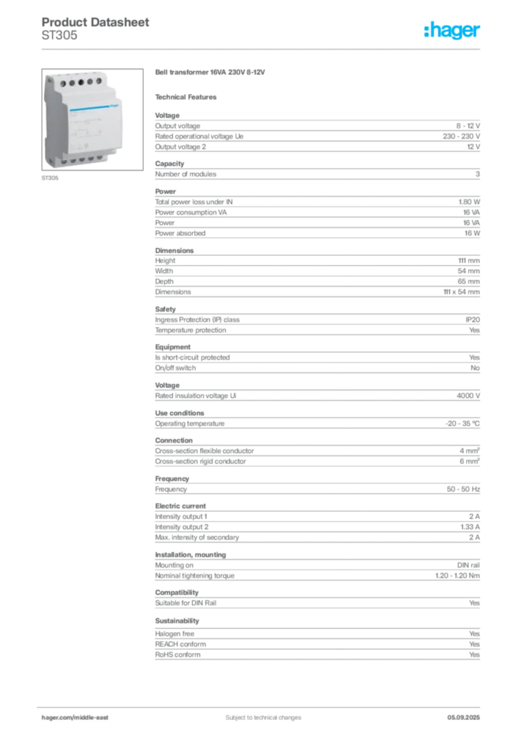 Image Hager Product data sheet ST305  | Hager