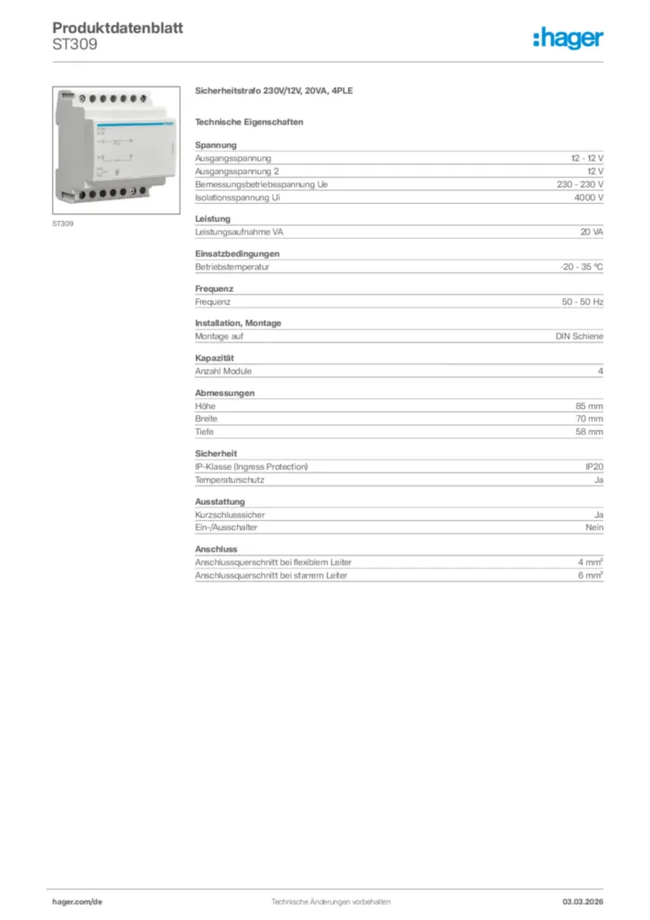 Bild Hager Produktdatenblatt ST309 | Hager Deutschland