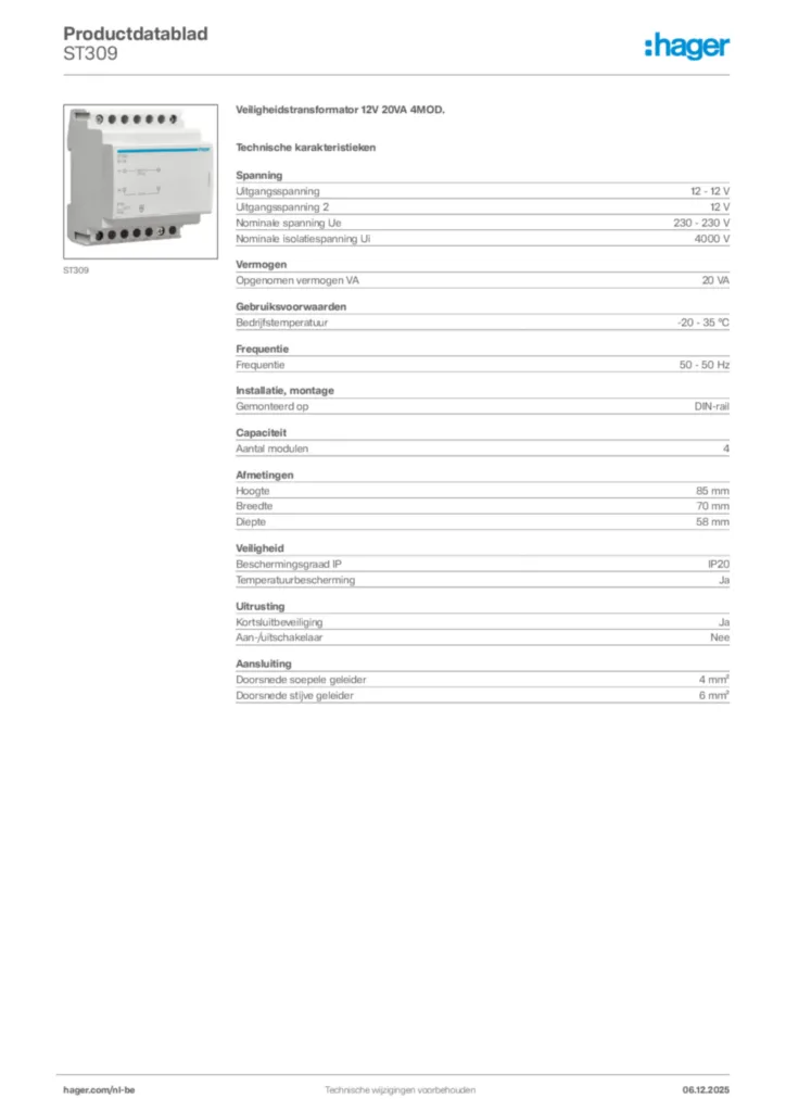 Afbeelding Hager Productdatablad ST309 | Hager Belgium