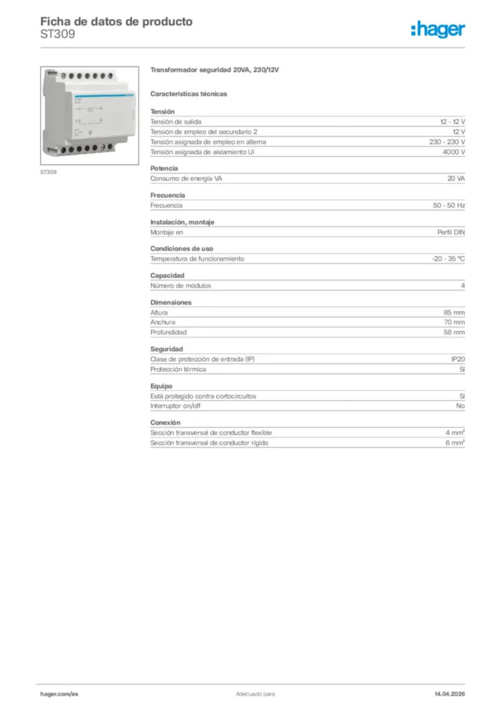 Imagen Hager Ficha de datos de producto ST309 | Hager España