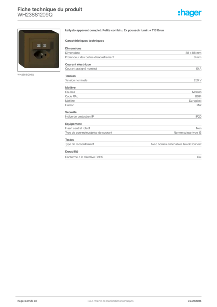 Image Hager Fiche technique du produit WH23881209Q | Hager Suisse