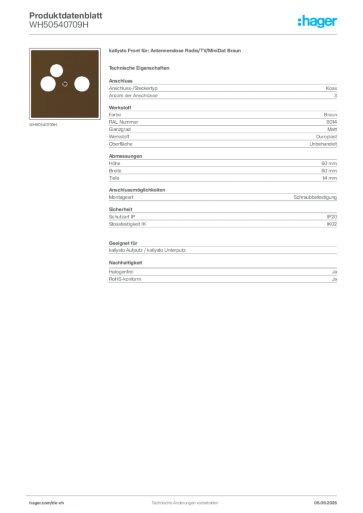 Bild Hager Produktdatenblatt WH50540709H | Hager Schweiz