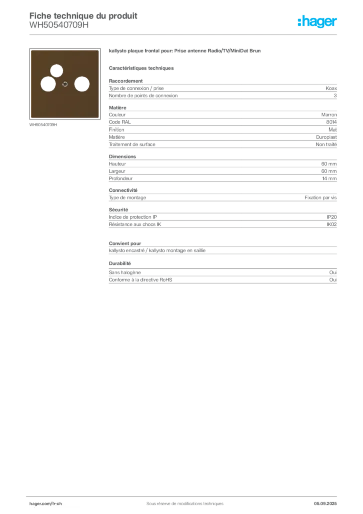 Image Hager Fiche technique du produit WH50540709H | Hager Suisse