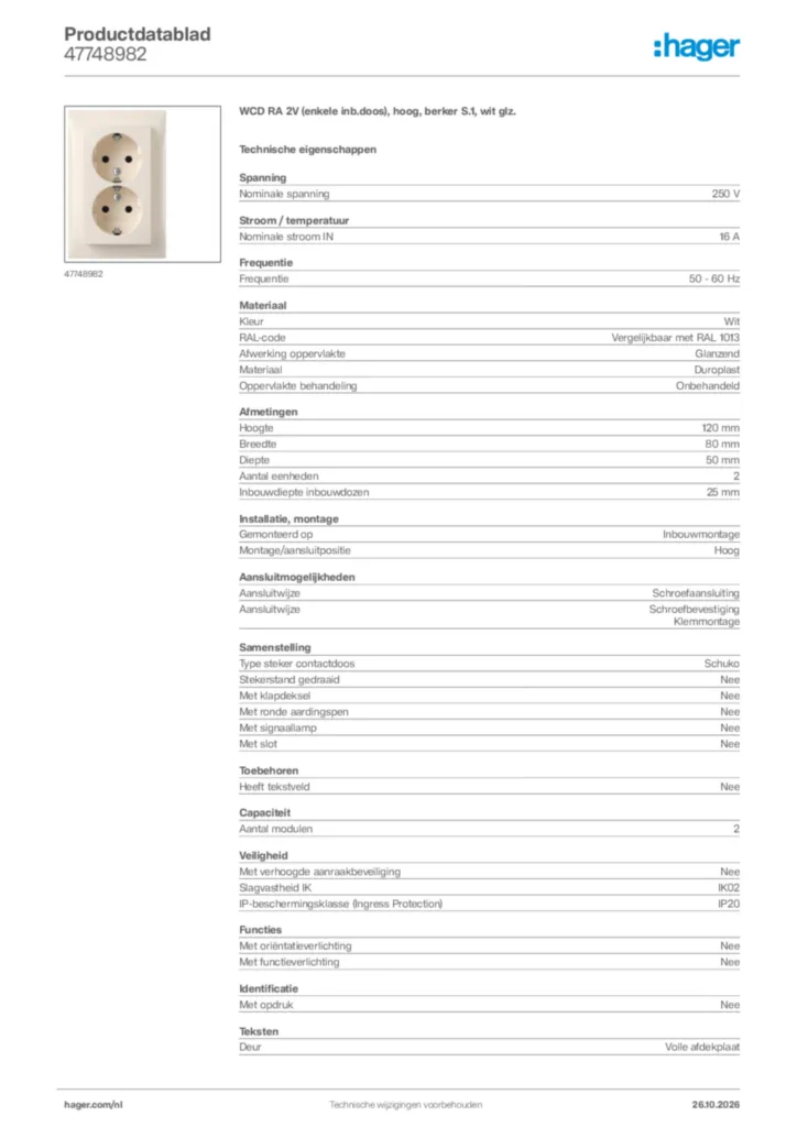 Afbeelding Hager Productdatablad 47748982 | Hager Nederland