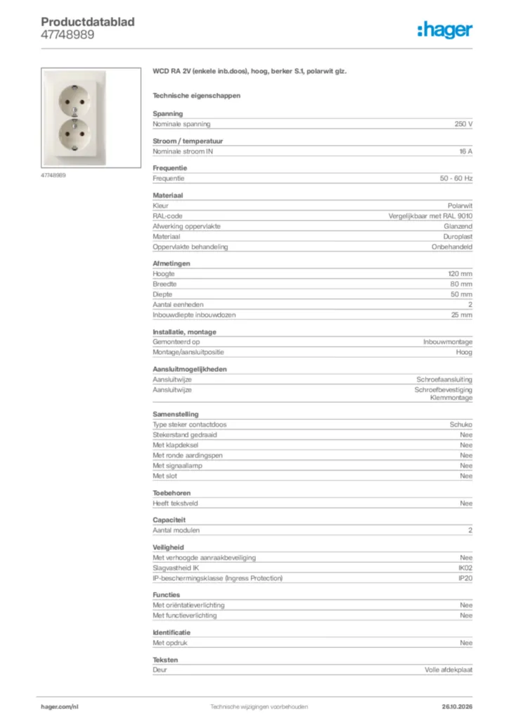 Afbeelding Hager Productdatablad 47748989 | Hager Nederland