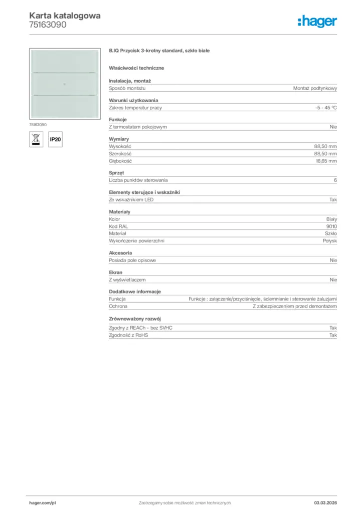 Zdjęcie Hager Karta katalogowa 75163090 | Hager Polska