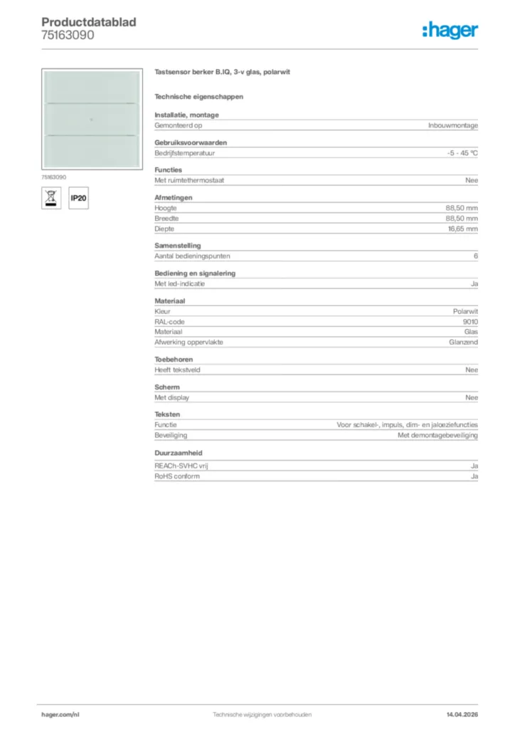 Afbeelding Hager Productdatablad 75163090 | Hager Nederland