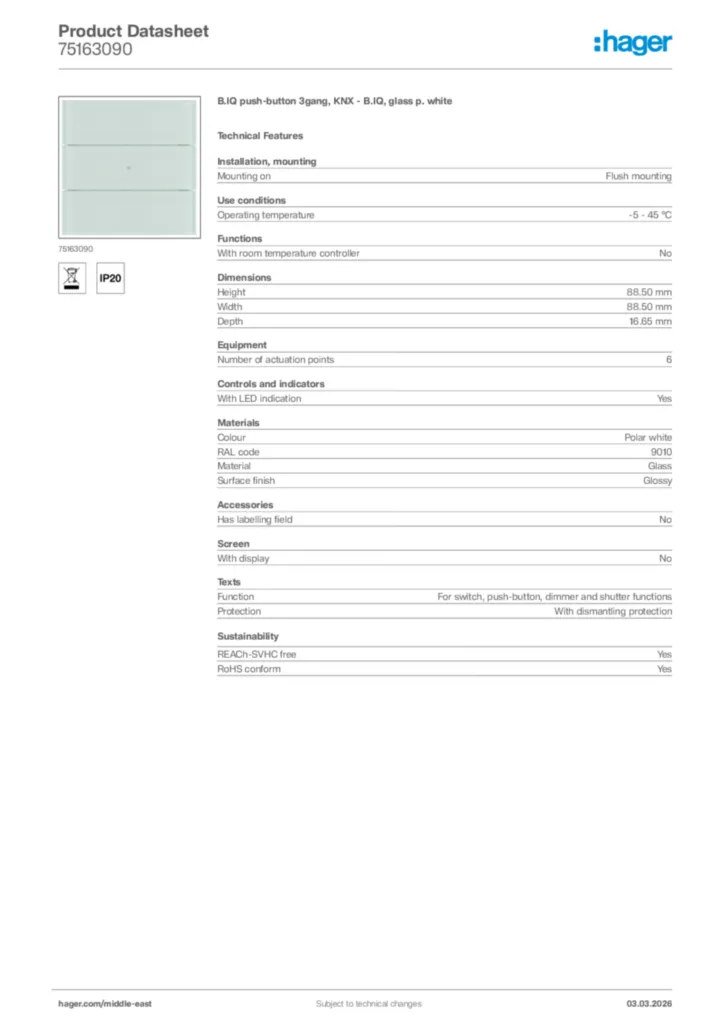 Image Hager Product data sheet 75163090  | Hager
