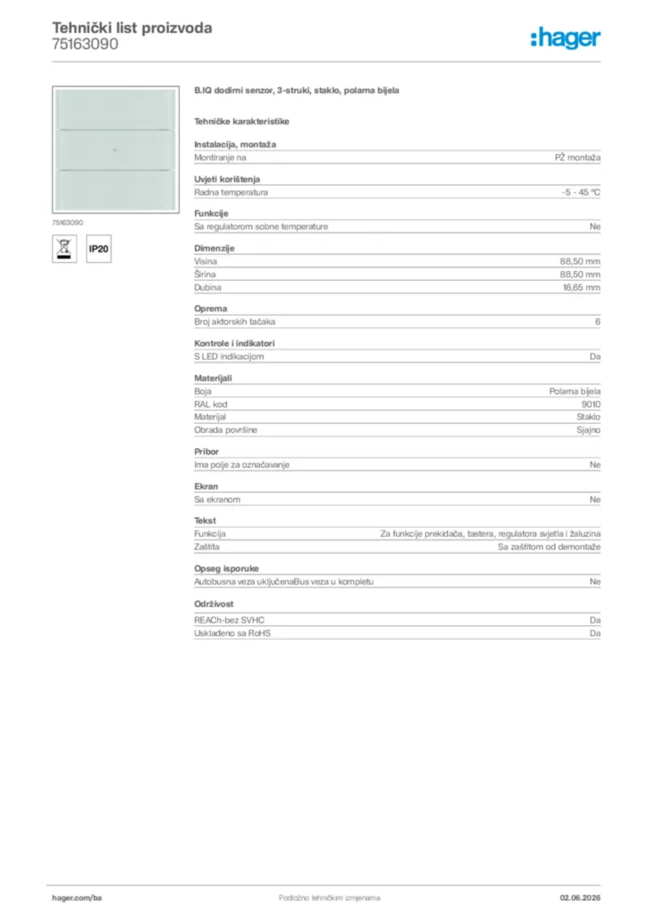 Slika Hager Tehnički list proizvoda 75163090  | Hager