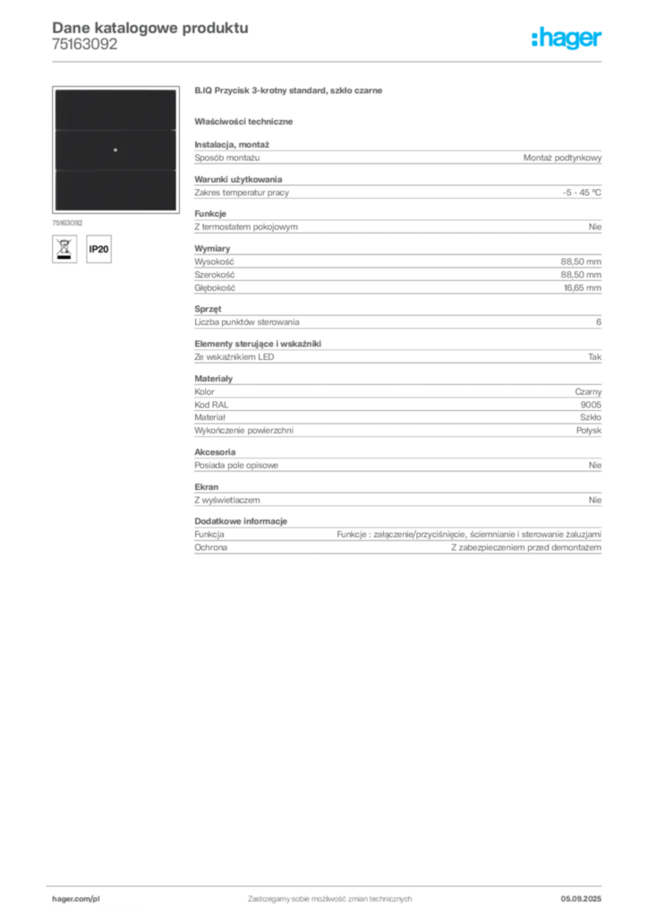 Zdjęcie Hager Dane katalogowe produktu 75163092 | Hager Polska