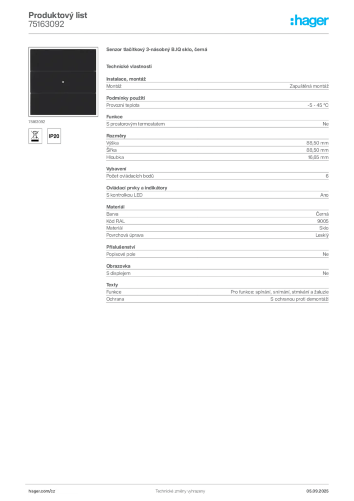 Obrázek Hager Produktový list 75163092 | Hager