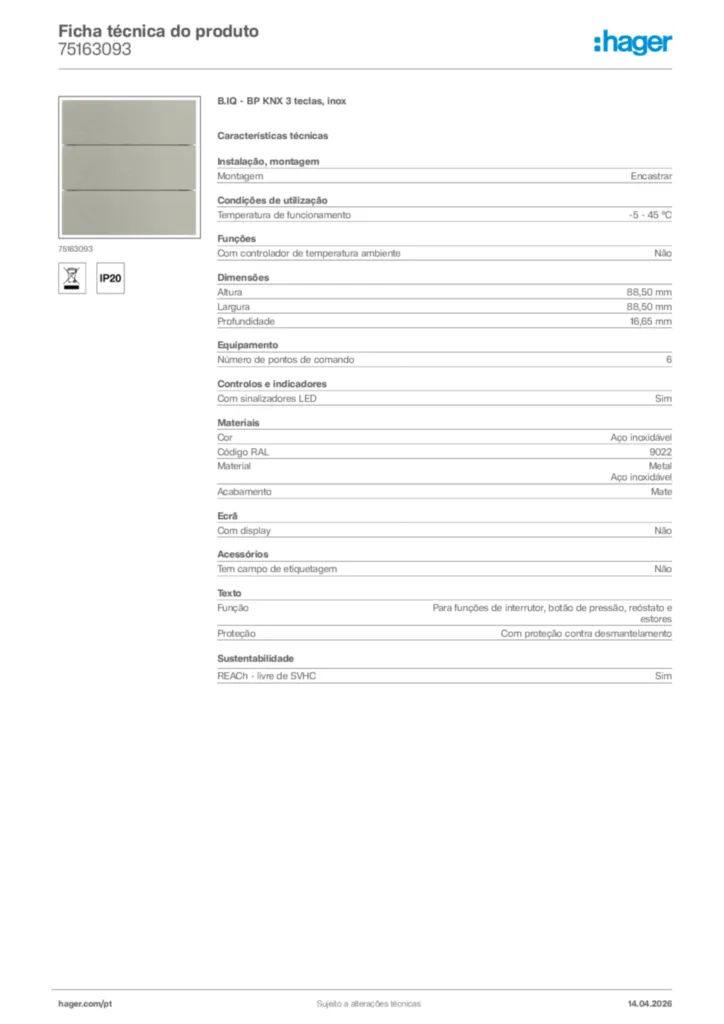 Imagem Hager Ficha técnica do produto 75163093 | Hager Portugal