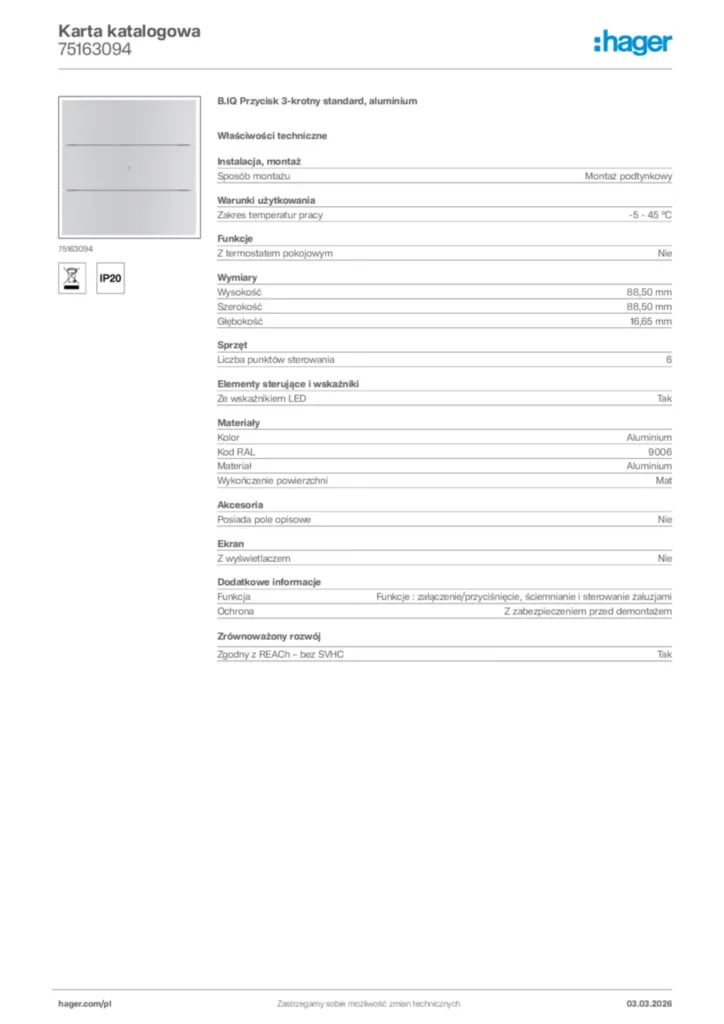 Zdjęcie Hager Karta katalogowa 75163094 | Hager Polska