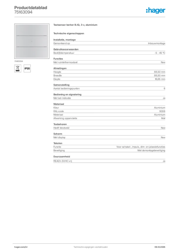 Afbeelding Hager Productdatablad 75163094 | Hager Nederland