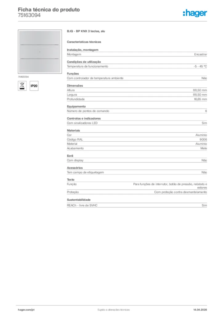 Imagem Hager Ficha técnica do produto 75163094 | Hager Portugal