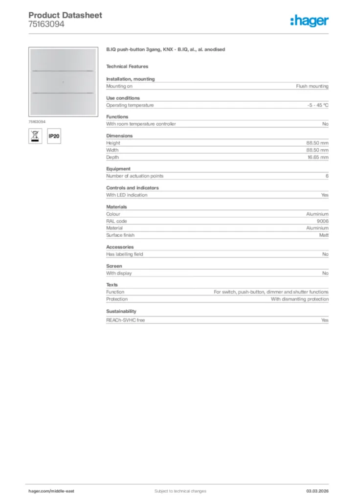 Image Hager Product data sheet 75163094  | Hager