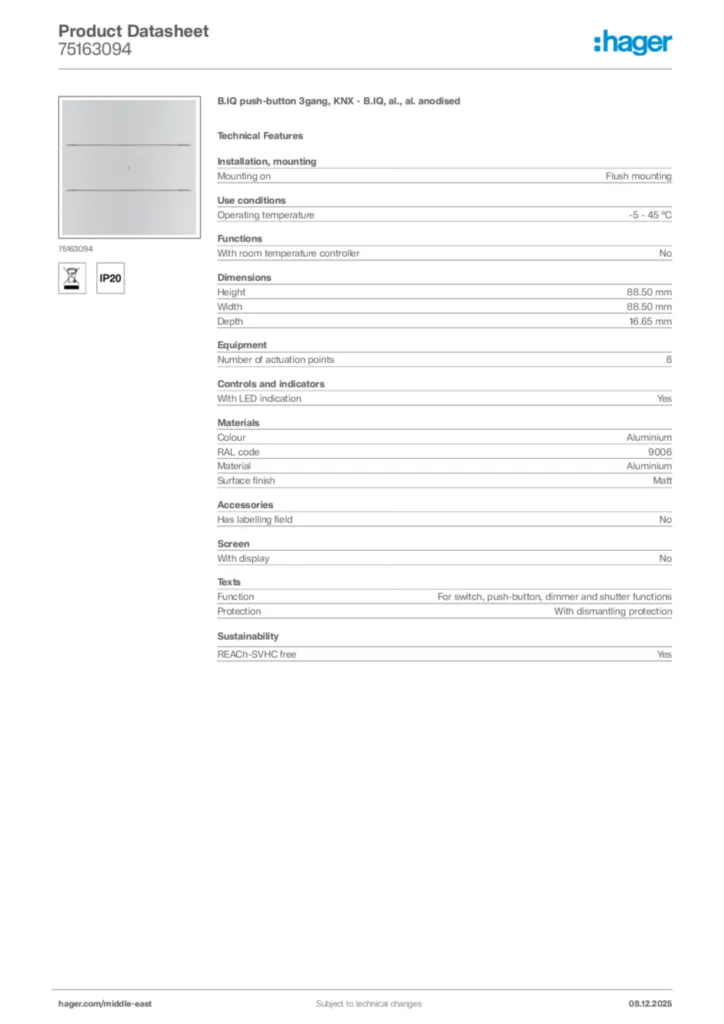 Image Hager Product data sheet 75163094  | Hager
