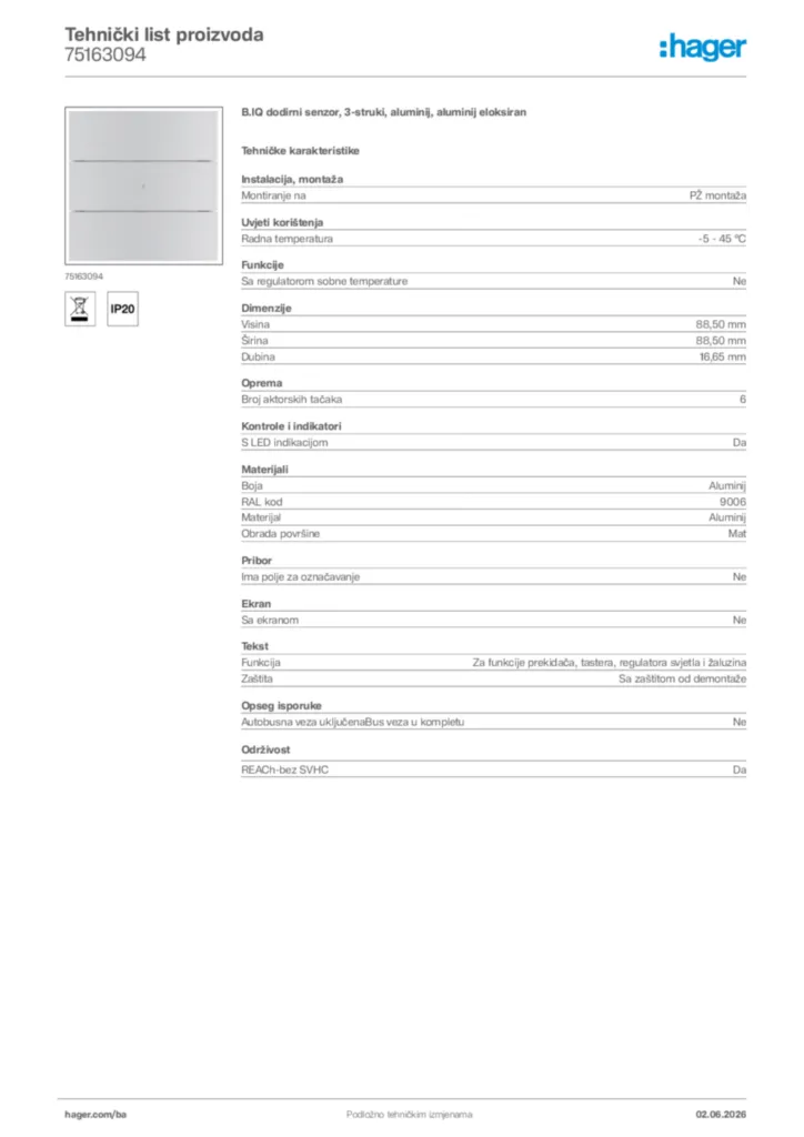 Slika Hager Tehnički list proizvoda 75163094  | Hager