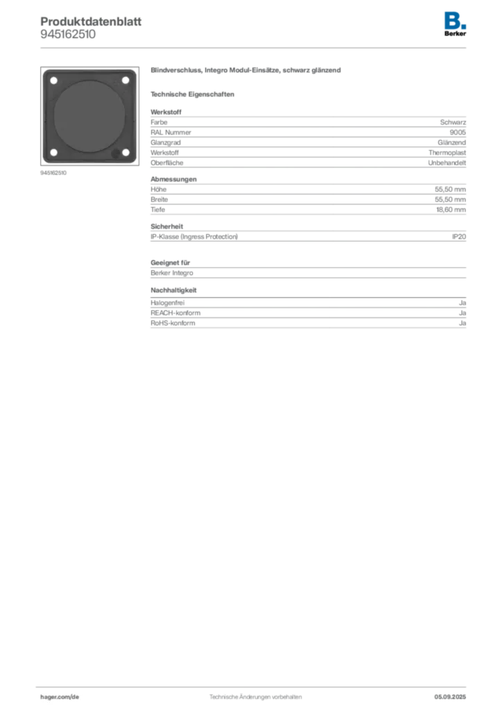 Bild Berker Produktdatenblatt 945162510 | Hager Deutschland