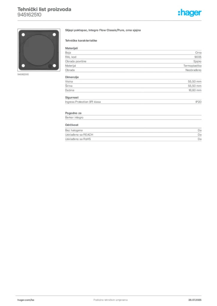 Slika Hager Product data sheet 945162510  | Hager