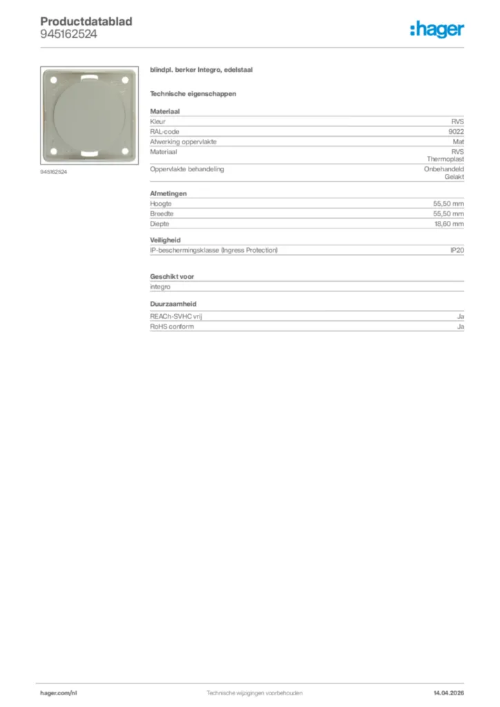 Afbeelding Hager Productdatablad 945162524 | Hager Nederland