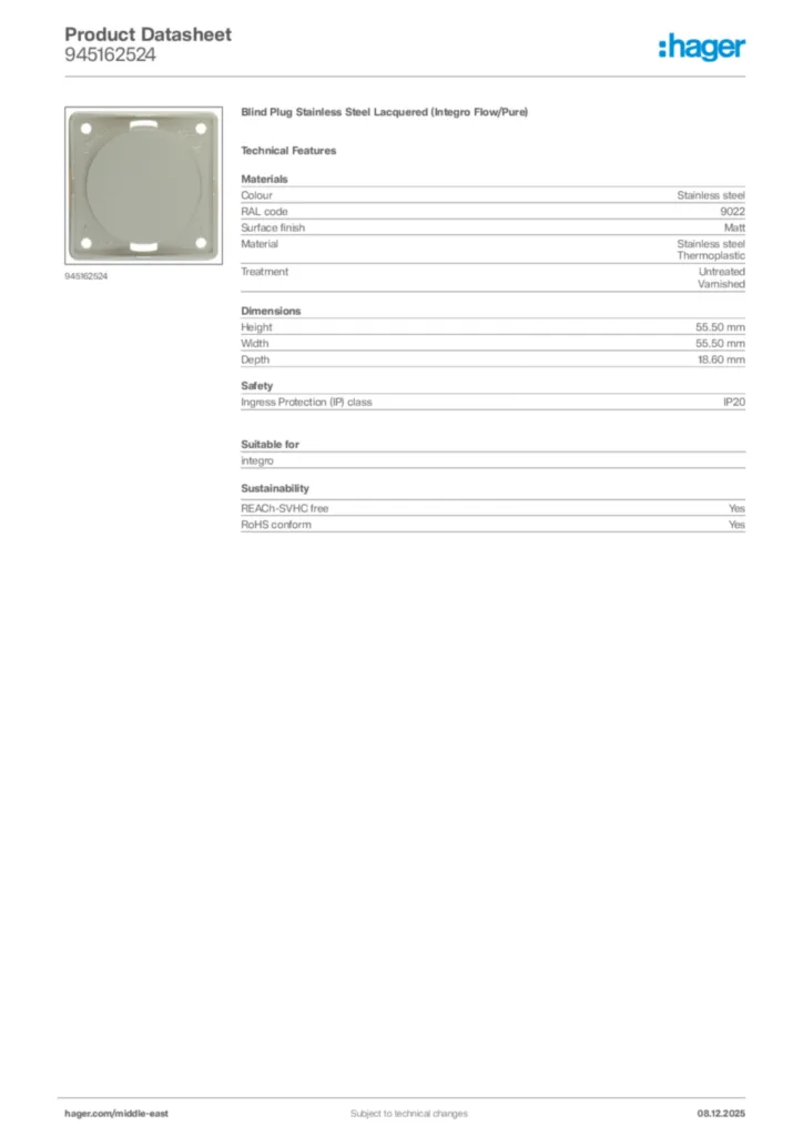 Image Hager Product data sheet 945162524  | Hager