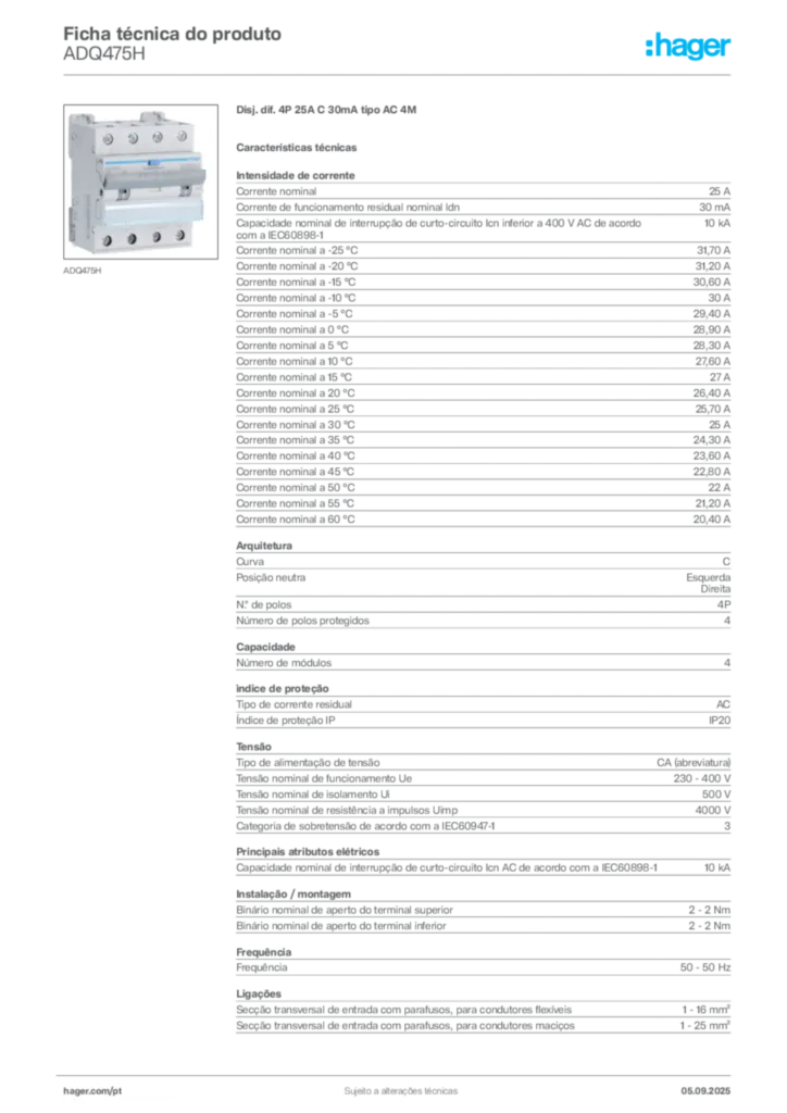Imagem Hager Ficha técnica do produto ADQ475H | Hager Portugal