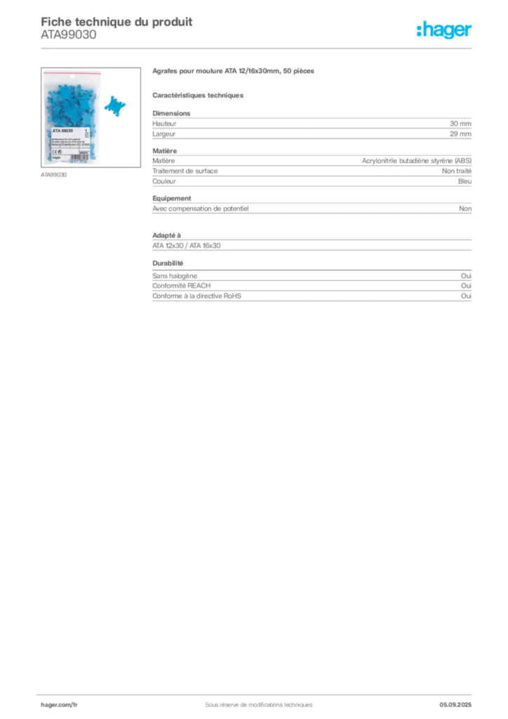 Image Hager Fiche technique du produit ATA99030 | Hager France