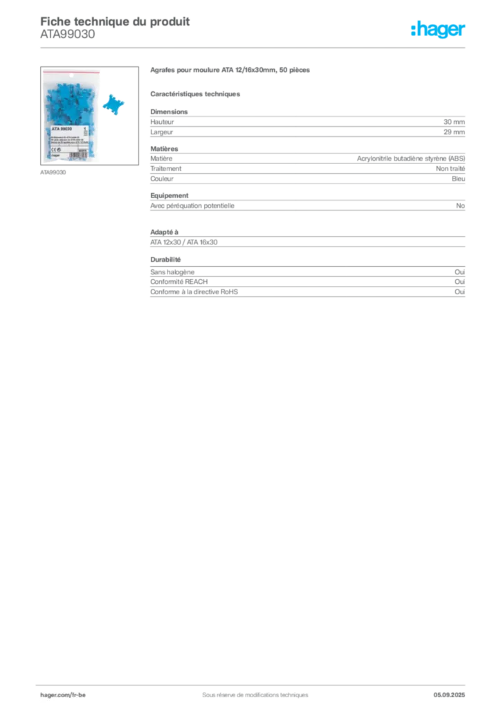 Image Hager Fiche technique du produit ATA99030 | Hager Belgique