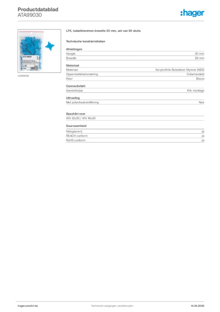 Afbeelding Hager Productdatablad ATA99030 | Hager Belgium