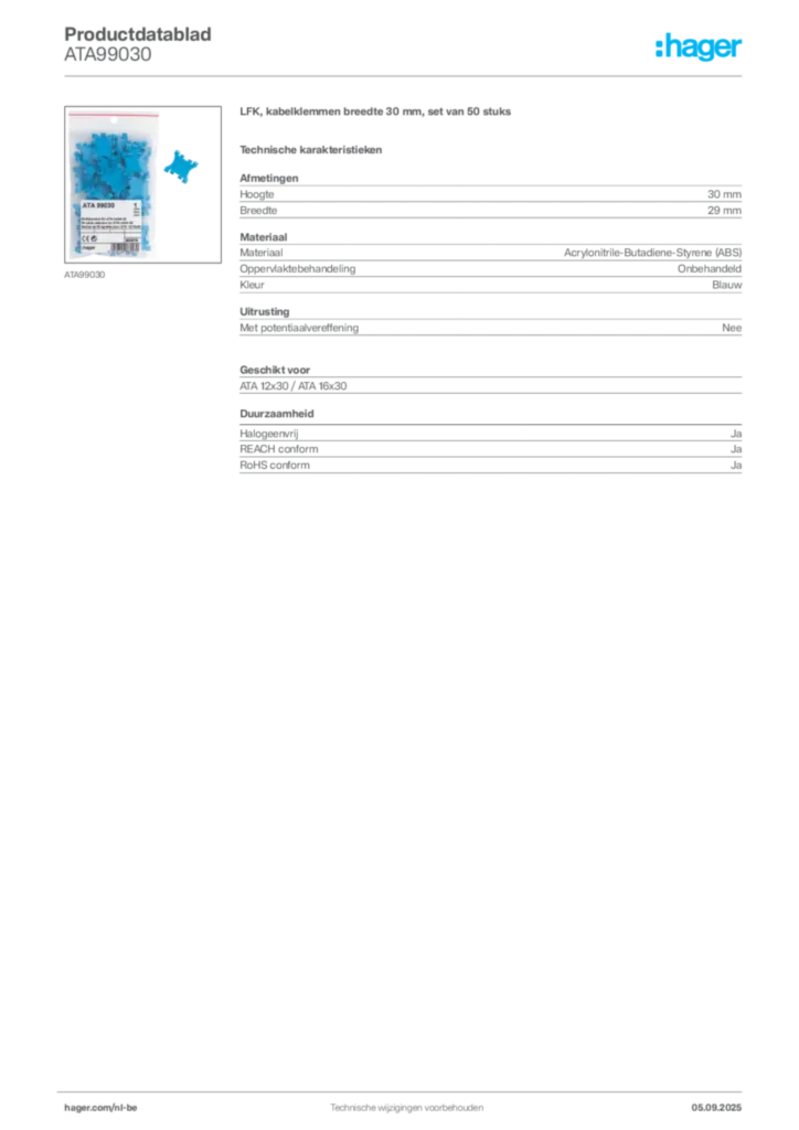 Afbeelding Hager Productdatablad ATA99030 | Hager Belgium