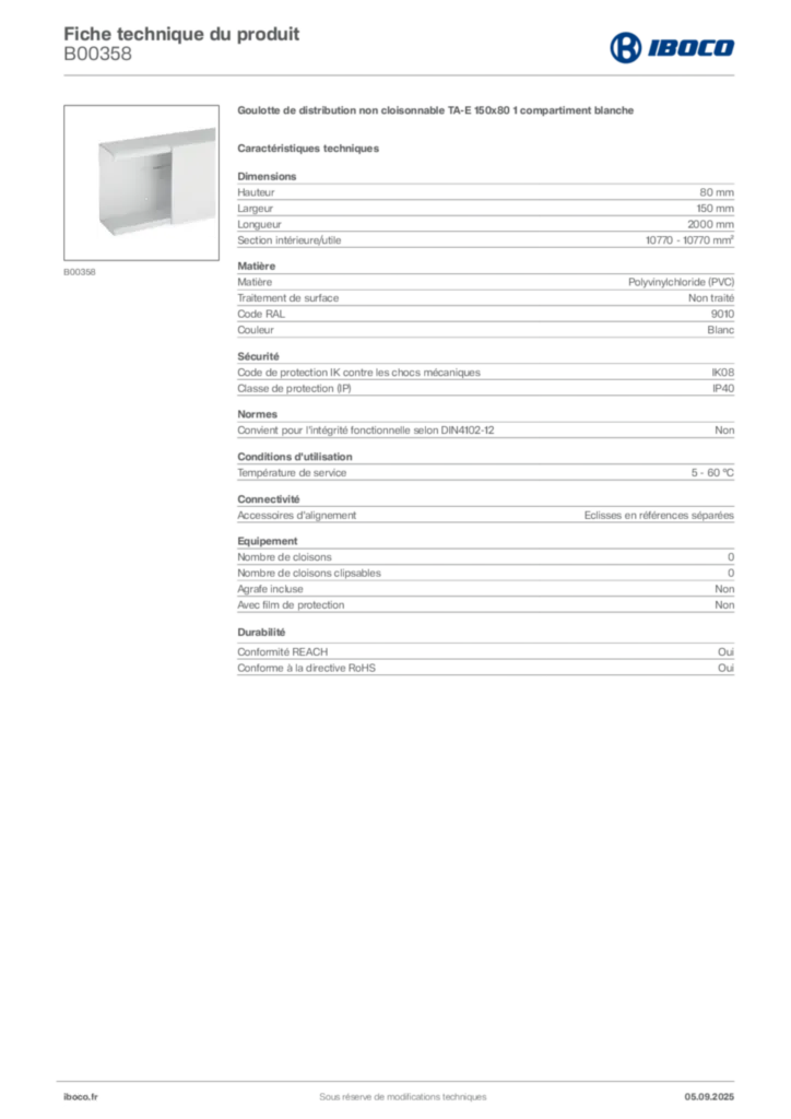 Image Iboco Fiche technique du produit B00358 | Hager France