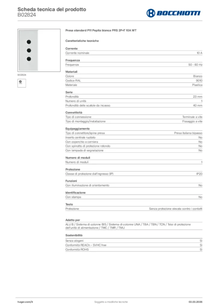 Immagine Bocchiotti Scheda tecnica del prodotto B02824 | Hager Italia