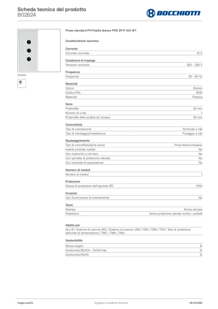 Immagine Bocchiotti Scheda tecnica del prodotto B02824 | Hager Italia