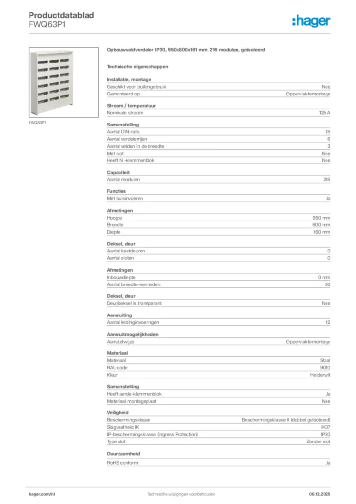 Afbeelding Hager Productdatablad FWQ63P1 | Hager Nederland